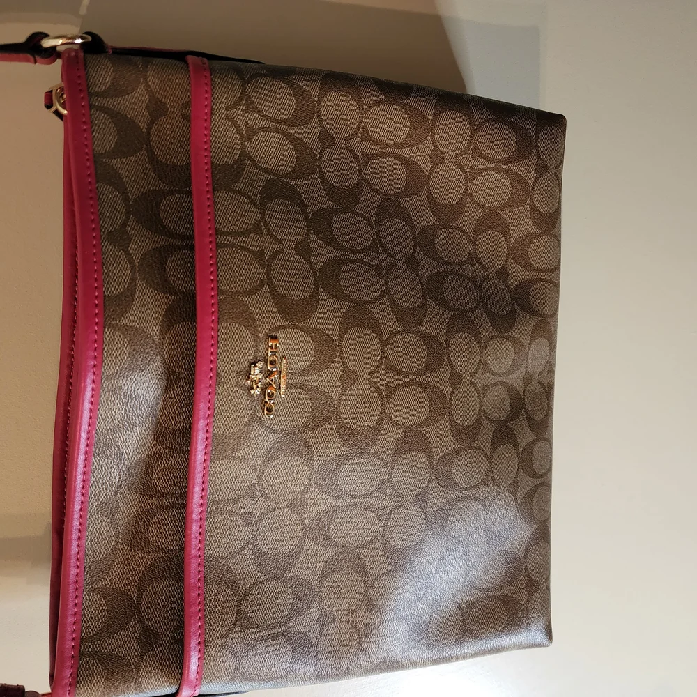 Coach Signature Canvas Crossbody Bag in Brown with Pink Trim